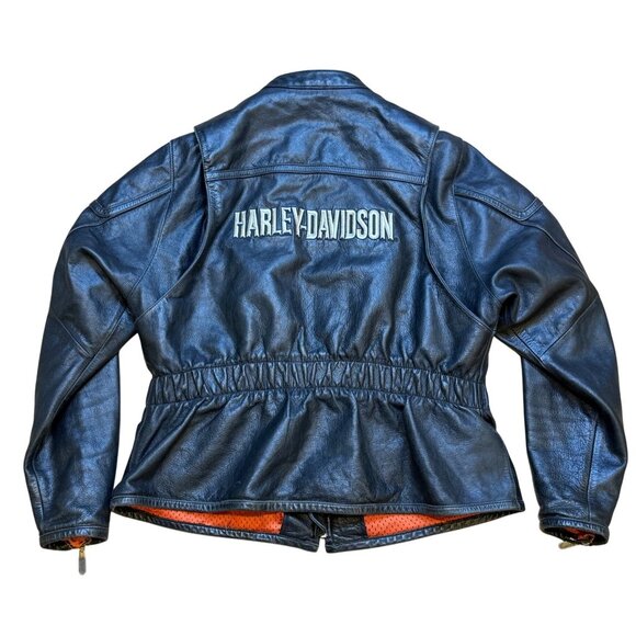 Vintage Harley Davidson Womens Black Leather Embroidered Jacket Orange Mesh Lini - Picture 5 of 13